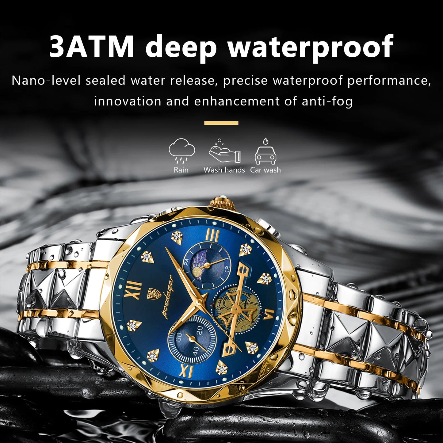 POEDAGAR Luxury Men's Stainless Steel Quartz Watch with Waterproof Luminous Chronograph Function