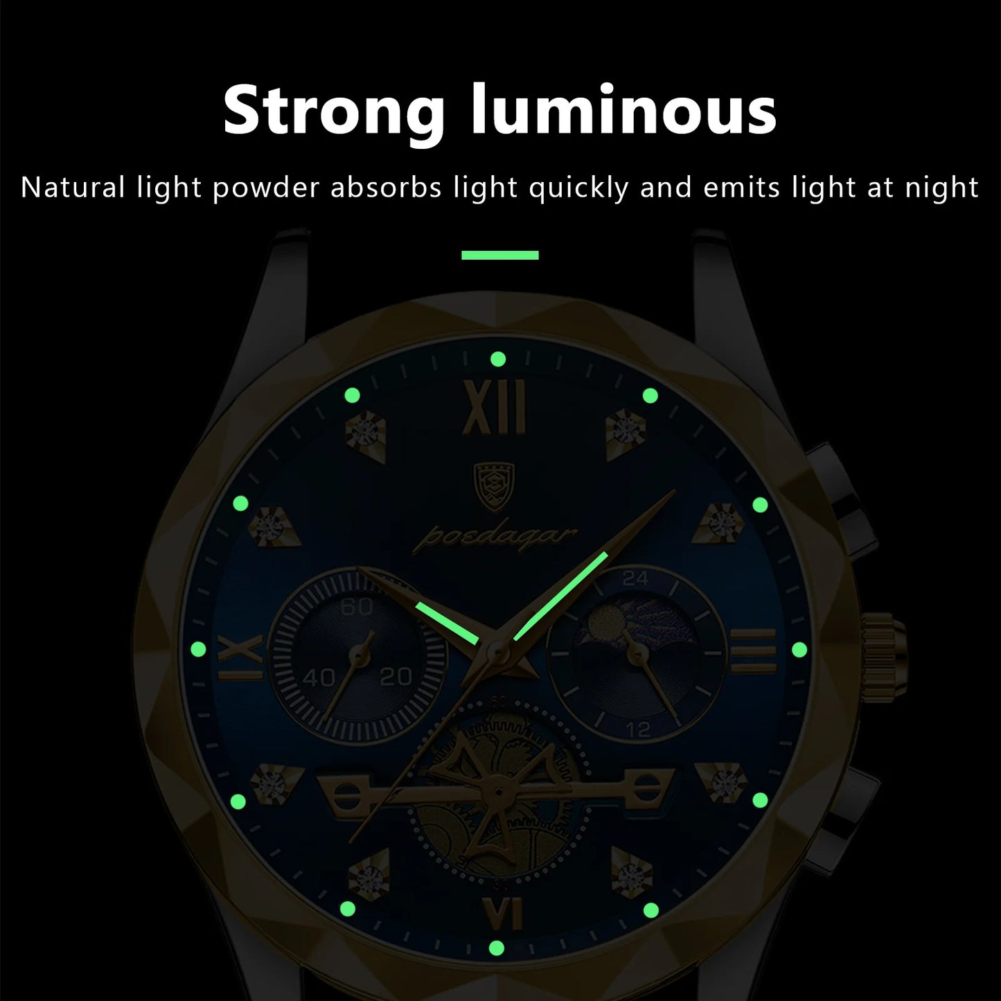 POEDAGAR Luxury Men's Stainless Steel Quartz Watch with Waterproof Luminous Chronograph Function